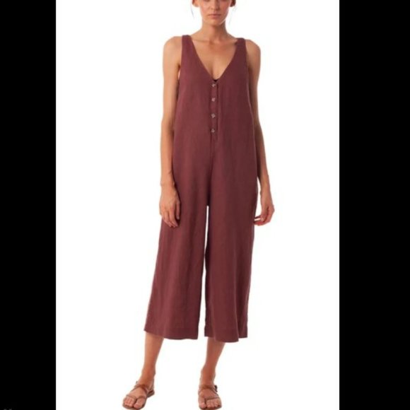 NWT: Rhythm Amalfi linen jumpsuit in dark, dusky pink, midi length, wide leg(12) - Picture 2 of 10